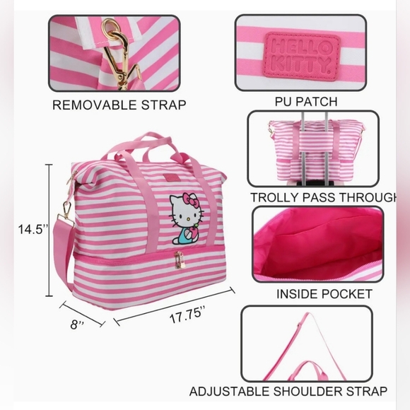 Bioworld Hello Kitty Pink and White Striped Duffle Bag 17.75"x14.5"×8"D - Picture 4 of 12